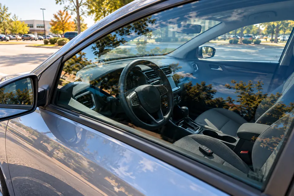 Car key fob on the driver seat, seen through the closed window