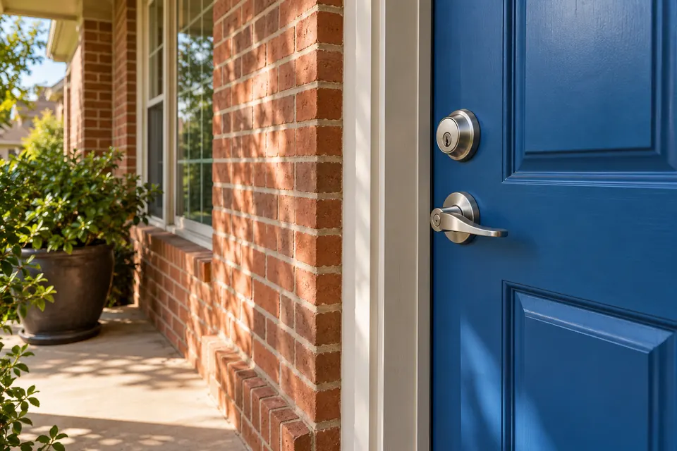 Blue front door with a deadbolt in a brick entryway