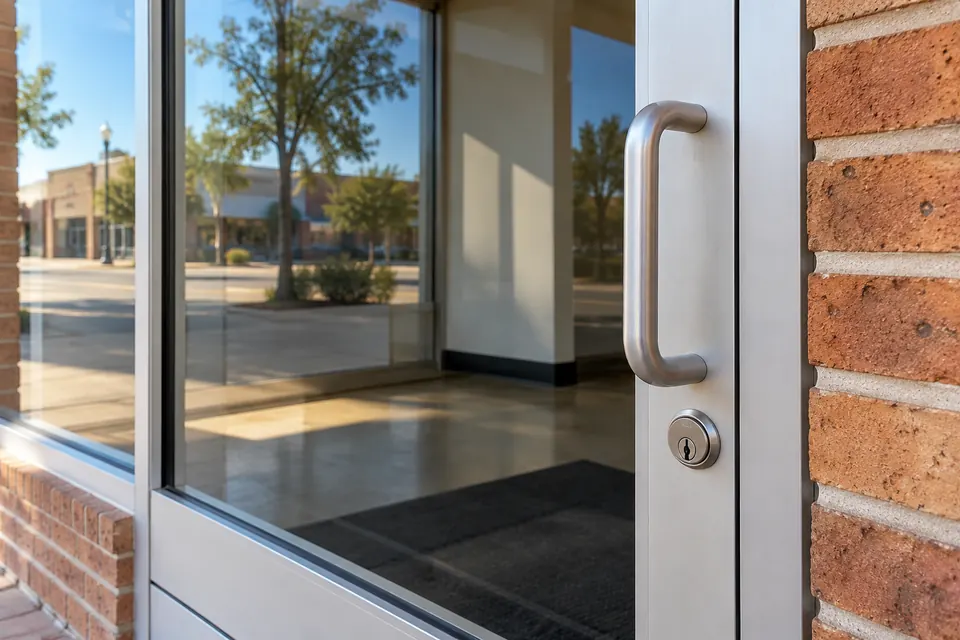 Detail of a commercial door and its everyday access hardware